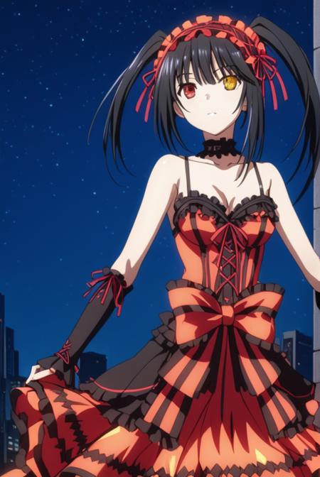 kurumi tokisaki astral dress, long hair, black hair, red eyes, twintails, yellow eyes, hairband, heterochromia, dress, red dress, bare shoulders, collarbone, choker, bowtie, red bowtie, detached sleeves, corset, frills, kurumi tokisaki school uniform, long hair, skirt, black hair, red eyes, long sleeves, ribbon, school uniform, jacket, pleated skirt, bag, hair over one eye, blue skirt, blazer, school bag, black blazer, kurumi tokisaki casual, long hair, black hair, red eyes, long sleeves, dress, pantyhose, hair over one eye, black dress, black pantyhose, puffy sleeves, choker, collarbone, skirt, black skirt, flowers, hair flowers, purple flowers, twintails, low twintails,