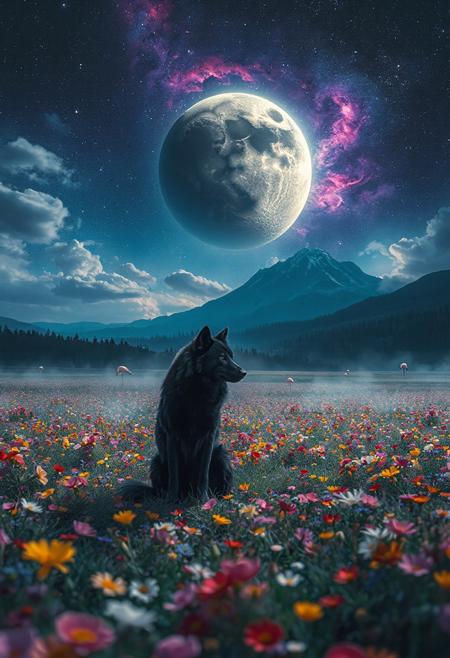 Positive Prompt:
masterpiece, best quality, ultra-detailed, cinematic, ethereal atmosphere, fantasy landscape, lone black wolf sitting in a colorful field of wildflowers at night, vibrant but soft flower meadow, vast open landscape, dreamy lighting, soft mist, glowing dark planet in a deep indigo and purple cosmic sky, swirling nebula clouds, stars scattered across the sky, majestic distant mountain, dark pine forest on the horizon, magical and mysterious mood, highly detailed, vibrant yet muted color tones, wide angle view, soft fantasy style, gentle illumination. 
Negative Prompt:
flamingo, bird, daytime, bright sunlight, cartoon, anime style, lowres, bad anatomy, blurry, overexposed, ugly, bad hands, bad paws, poor composition, extra limbs, low quality, grainy, saturated colors, text, watermark