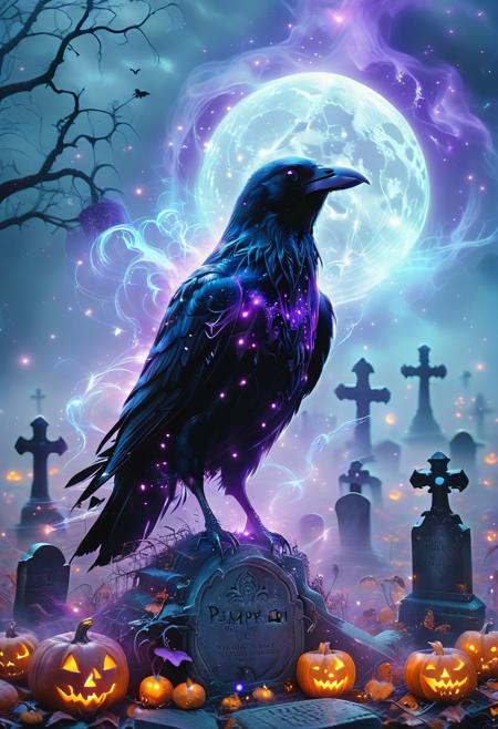 Mystic Lumina,large menacing crow, crow focused, Halloween, spooky, haunted, graveyard full of pumpkin, ethereal, dreamy, purple glow, blue mist, masterpiece (black:1.5), (gray:1.5).