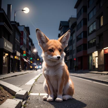 masterpiece, absurdres, high quality, realistic,
baby fox,
street, moonlight, night