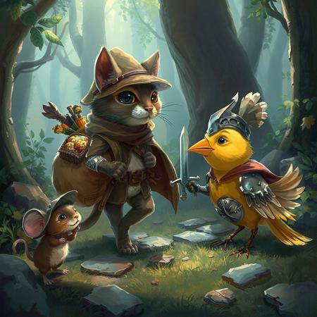 in a fantasy forest a small mouse with a hat carrying a big bag with fodd and tools a cat with an eyepatch a small sword and a cape and a little yellow bird with an small armor and helmet
