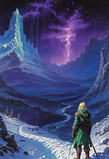 grainy, noise, gloom, glow, 1970s dark fantasy book cover paper art dungeons and dragons style, masterpiece, (high quality:1.1) BRAKE, snowy mountains, a tired traveler standing and looking at the mountains, blond hair, nighttime, darkness, stars, snow flakes, northern lights, gradients, majestic atmosphere,  violet, green, blue