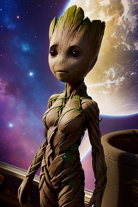 [<lyco:groot_v2:0.65> : a woman, casual dressed : 0.1],  humantree, groot, cosmic background