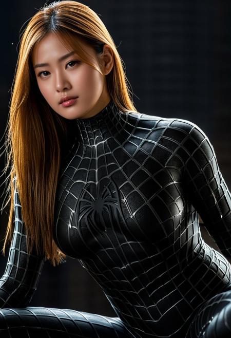 score_9, score_8_up, score_7_up, best quality, realistic, masterpiece, beautiful detail, hyperrealistic, ((1girl, woman body, big breasts)), amazing detailed full body of a cute korean girl, cute face, wearing a realistic and highly detailed black raimi spider-man suit, ((huge muscular girl)), professional model wears ultra - detailed black raimi spider - man suit, ultra - detailed and grained black raimi spiderman suit, suit covered entire body and hand, black spiderman gloves, wet, close up, spread leg, sitting, octane render, highly detailed, volumetric, dramatic lighting, (highest quality:1.1), (HDR:1.3), (top quality, best quality), realistic, high definition, masterpiece, 8k, best quality, best illumination, best shadow, an extremely delicate and beautiful, finely detail, depth of field, classic, highres, perfect lighting,