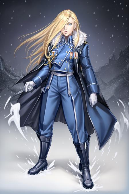 full body, woman, olivier_mira_armstrong, blue uniform, <lora:Olivier Mira Armstrong:0.8>, highres, sharp focus, pixiv masterpiece, ((intricate details)), highly detailed,