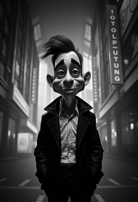 A classic black and white image of a caricature figure in a surreal urban setting. Artistic lighting, abstract patterns, cinematic composition, geometric simplicity, timeless elegance, introspective mood.