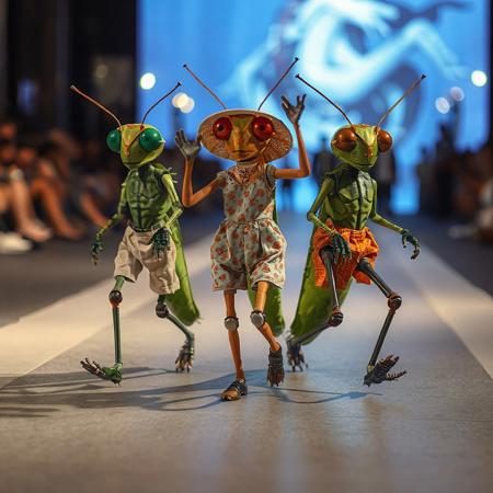 (5 theme things, (5 theme things are grasshoppers and bipedal machines and the type is random, left up to you), theme things to be; transformed into human, embodied in human body, incarnated in human body, humanised,; anthropomorphic theme things, anthropocentric theme things, (anthropocentric, anthropomorphic, anthropocentric), anthropomorphise theme things Doing, putting themed objects into the category of anthropomorphic, Three anthropomorphic themed objects walking down a runway, posed dancing, shot looking up from below with ground in, Pet Polsonified, ( tail), summer clothes.