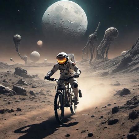 A lone astronaut, dressed in a futuristic spacesuit, pedals furiously across the desolate lunar landscape, their bicycle kicking up a trail of dust in the thin atmosphere. Behind them, a group of curious extraterrestrial creatures, their forms ranging from humanoid to insectoid, chase in hot pursuit.
The scene is illuminated by the harsh, unforgiving glare of the Earth, which hangs large and luminous in the inky blackness of space. The lunar surface is rendered in a photorealistic style, with every crater and crevice meticulously detailed.
The astronaut's expression is one of determination, their face set in a grimace of effort as they push their bike to its limits. The aliens, meanwhile, are depicted with a mixture of curiosity and menace, their intentions unclear.
The overall mood of the image is one of suspense and danger, with the astronaut's fate hanging in the balance.