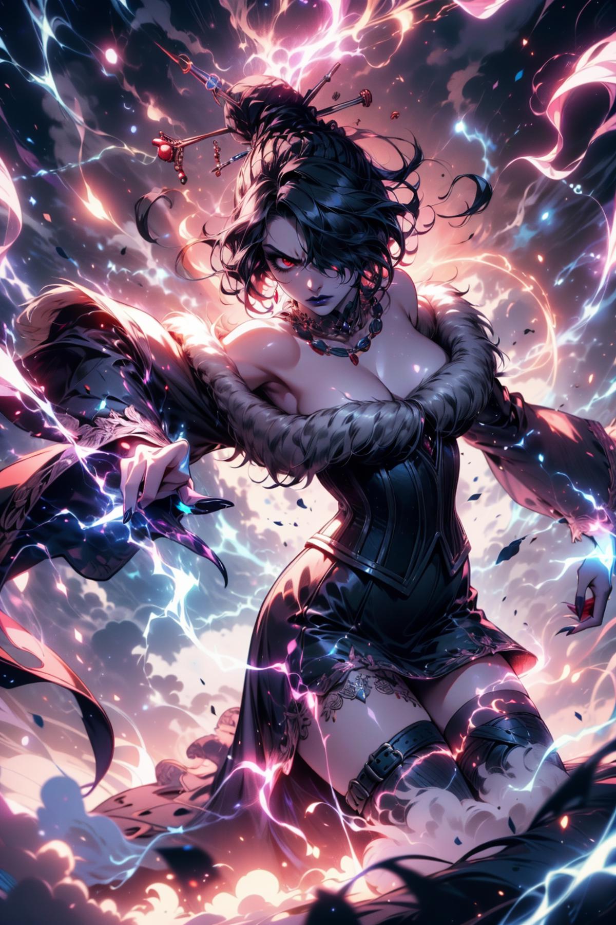 A woman in a black corset and fur dress, with claws and a lightning bolt in the background.