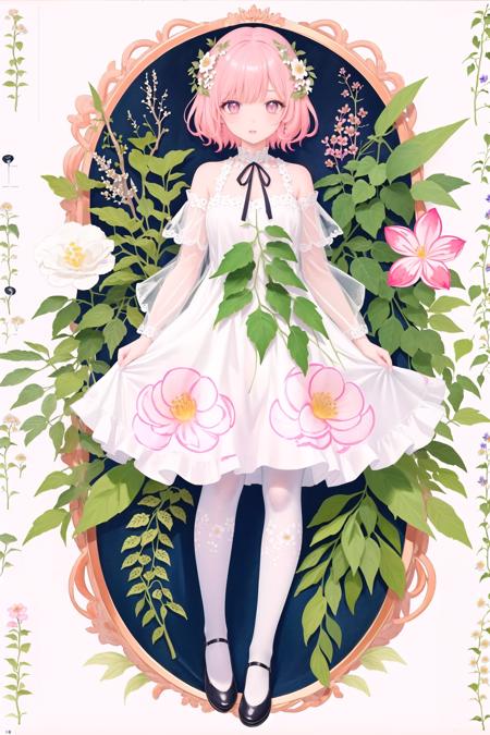 watercolor, masterpiece, best quality, extremely detailed, 1girl, full body, beautiful detailed eyes, cute anime face, full body, beautiful detailed face, pink hair, (Botanical illustration:1.5), white dress, white legwear