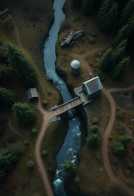 top down view d&d map, zoomed out birds eye view of a small wet muddy path that winds over hills and valleys , leading to a bridge over a river and a small lumber mill in a dark forest with ruins, stonework, river, real photo kodak film
