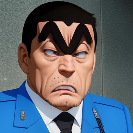 k4nk1ch1 man, <lora:k4nk1ch1 -000059:0.9>  angry, police uniform, black eyes, connected eyebrow