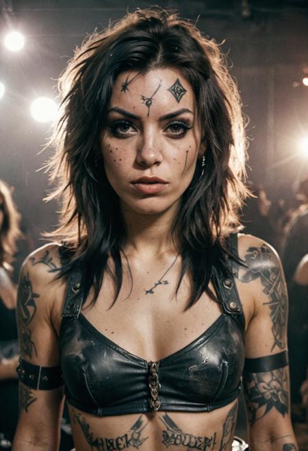 realism, epic world, brutal rocker chick with tattoo, rock party, faded film, desaturated, award winner art, artstation, 35mm photo, grainy, vignette, vintage, lomography, stained, highly detailed, found footage, highly detailed, volumetric, dramatic lighting,  <lora:detailed_hands:0.6> <lora:Old_Photo_XL_V1:0.4>