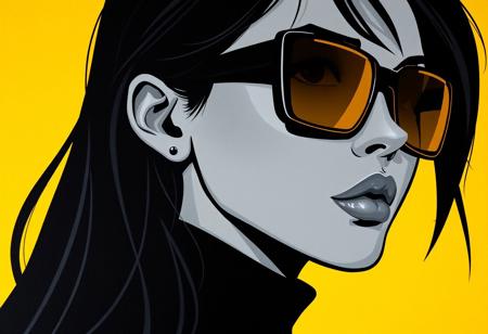 Close-up of a stylized female portrait. 
The figure is rendered in a grayscale palette, with a deep black color for clothing and hair, set against a vibrant yellow background.  The woman has long, dark hair that falls down her back.  Her facial features are defined, with a strong jawline and a confident expression.  She is wearing large, square-framed sunglasses with amber or yellowish-gold lenses.  The sunglasses are a noticeable feature, contrasting sharply with the surrounding dark tones. 
A turtleneck-style top is visible, further enhancing the silhouette.  The overall style is fashion-forward and somewhat dramatic, emphasizing form and contrast against the background. The figure is presented in a three-quarter profile view.
<lora:FLUX-daubrez-DB4RZ-v2:1> DB4RZ, DB4RZ style painting