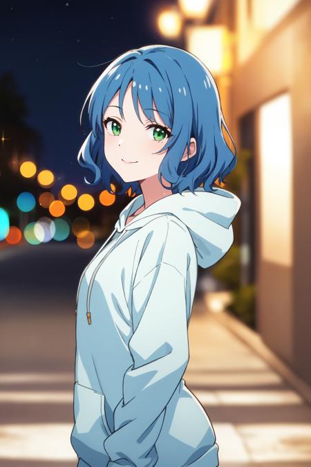 masterpiece, best quality, 1girl, anime screencap, 
short hair, blue hair, green eyes, wavy hair, from side, looking at viewer, smile, hoodie, bottomless,
depth of field, bokeh, street, night,