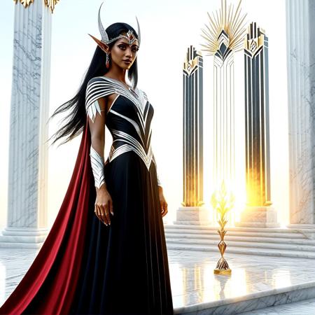 wide cinematic view of an elite female dark elven (Drow) warriort in black and silver art deco-inspired armor, silver chrome and moonsteel with sunburst and chevron engravings, angular pauldrons, ruby and red jasper inlays, stunningly elegant facial features, pointed ears, regal and beautiful expression, flowing cape in deep sapphire with embroidered Elven runes, Deco circlet crown, magical twilight lighting, cinematic background blur, glowing reflections on polished armor, heroic posture, fantasy deco fusion, They stand proudly on marble steps, framed by towering gold-and-alabaster statue columns shaped like Deco guardians. Behind them, stained glass windows and curving Elven arches stretch toward the twilight sky, with magical mist drifting through the air. The scene is radiant and regal, with cinematic lighting, soft haze, ambient magical glow, and a deep sense of heroic elegance. Ultra-detailed, fantasy deco fusion, 4K concept art, full body view.
Hideultra-detailed, symmetrical composition, 4K concept art