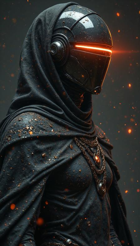 A stunning, hyper-detailed illustration of a figure clad in a dark, flowing cape, with a futuristic, African-inspired helmet that covers his entire head, its sleek surface reflecting the light of the bright, horizontal visor that slices across the front of the helmet, casting a sharp, defined glow over the surrounding darkness, and the figure's body is adorned with intricate, gothic jewelry that adds to the overall sense of mystery and otherworldliness, as the background remains a deep, foreboding black, with the faintest hints of dark, metallic textures, and the overall mood is one of sleek, high-tech minimalism, with a strong emphasis on the contrast between light and shadow, and the camera captures the figure in a wide-angle shot, with a shallow depth of field, emphasizing the helmet's visor and the figure's dramatic, cape-shrouded form, as the image features a mix of photorealistic and cinematic elements, with a bold, vibrant color palette, and the rendering style is highly detailed, with a focus on textures and subtle lighting effects, and the overall effect is one of haunting, futuristic beauty, with the African concept helmet being the central, attention-grabbing element. <lora:ILLUSTRATION_(FLUX)_-_V3.1:0.5>