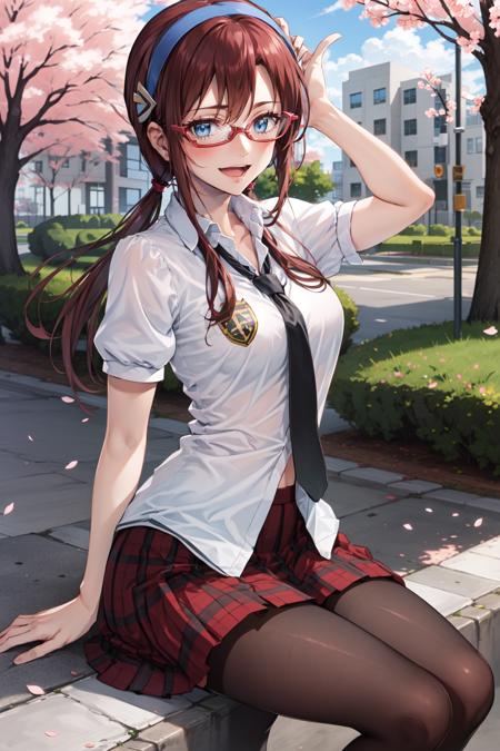 MikinamiPlug, 1girl, solo, long hair, brown hair, hairband, glasses, twintails, blue eyes, smile, medium breasts, red-framed eyewear, skirt, school uniform, necktie, plaid, plaid skirt, looking at viewer, open mouth, sitting, sitting in, girl sitting, cowboy shot, pantyhose, thighhighs, zettai ryouiki, outdoors, day, clouds, cherry blossom trees, school, campus, buildings, frills
 <lora:MikinamiPlug:0.8>