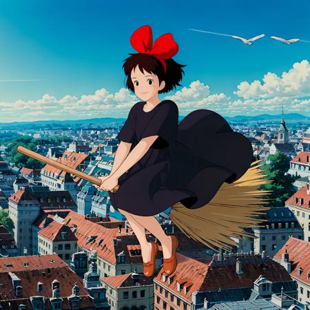 Kiki,1girl,  short hair, brown hair, black eyes, hair bow, black dress, brown footwear, white bloomers, hair bow, apron_dress apron,green dresses, holding broom, broom_riding, flying, Ursula,1girl,  Ponytail, brown hair, long hair, dark eyes,  straw hat, tank top, denim shorts, Senior_Witch,1girl,  Brown hair, twintails, long hair, blue eyes,  necklace, heart earrings,   purple dress, black footwear, Osono,1woman,  Red hair, short hair, dark eyes, freckles,  white apron,dress, green shirt, brown footwear,  pregnant, Jiji,cat,