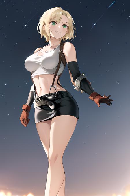 best quality, masterpiece, 1girl, standing, blonde hair, green eyes, short hair, curly hair, corneo_tifa_classic, night sky background, smile