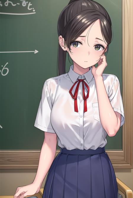 akaneyoshizawa, <lyco:akaneyoshizawa-lyco-nochekaiser:1>,
akane yoshizawa, black hair, ponytail, (green eyes:1.5), swept bangs, long hair,
BREAK skirt, shirt, ribbon, school uniform, white shirt, short sleeves, pleated skirt, shoes, socks, blue skirt, white socks, collared shirt, red ribbon,
BREAK indoors, classroom,
BREAK looking at viewer, (cowboy shot:1.5),
BREAK <lyco:GoodHands-beta2:1>, (masterpiece:1.2), best quality, high resolution, unity 8k wallpaper, (illustration:0.8), (beautiful detailed eyes:1.6), extremely detailed face, perfect lighting, extremely detailed CG, (perfect hands, perfect anatomy),