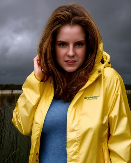 pale woman wears a a yellow rain jacket during a florida tropical storm <lora:gtm-000001:0.95>, ((masterpiece)) (professional photography), best quality, high quality, high-definition, extremely detailed, High detail RAW color photo professional, textured skin, goosebumps, bright eyes