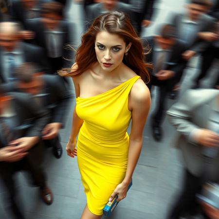 A photograph of a sexy woman,   brown hair, walking through crowd, in blurred motion, shot from very high above, wearing super bright neon yellow  color single strap dress. The dress is one-shoulder mini dress  with a single wide strap that wraps diagonally across the chest, leaving one shoulder and part of the upper chest exposed. The background shows other people moving fast around in black and white suits, Leica M3 film camera --aspect 1:1