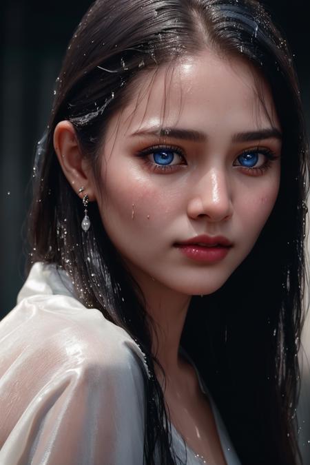 close-up portrait of a beautiful young woman, glossy wet skin, wet hair, wearing Myanmar dress, piercing blue eyes, sharp details, cinematic lighting, masterpiece, ultra realistic, 35mm photograph