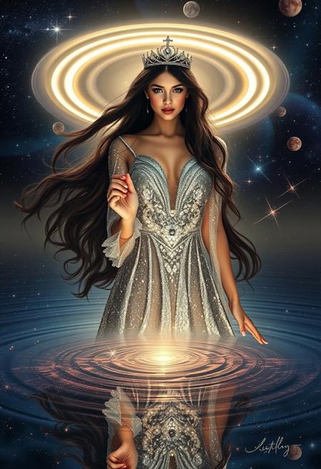 A mesmerizing full-length portrait of a 26-year-old gorgeous beauty most beautiful woman to ever live with flawless porcelain skin and long, flowing dark hair, moving like a cosmic wave in an unseen celestial breeze. Her costume is shimmery, shiny, diamond-like, her hair and skin glittering and luminous. She wears a crown on her head.
She stands upon the surface of a celestial lake, where the water reflects an entire galaxy. Above her, rings of light slowly orbit like planetary halos, casting an ethereal glow on the scene. As she lightly touches the lake with her fingertip, a ripple spreads, distorting the cosmic reflection in mesmerizing waves. Sci-fi, scifi, fantasy, goddess, empress, celestial being, god