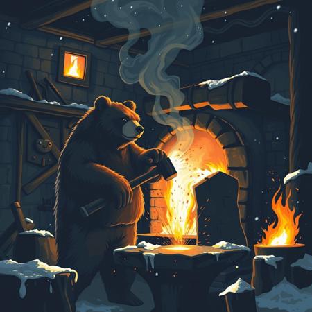 In Bear City, the forge burns bright,
A blacksmith's hammer in the night.
Steel meets stone with every strike,
Forging weapons, fire and light.
Paws calloused, muscles strong,
Each swing a rhythm, fierce and long.
Sparks fly in the winter air,
As the city hums a tale of care.
Anvil’s echo, a song of might,
In Bear City’s heart, the flames ignite.