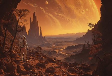 A lone astronaut stands tall at the edge of a dense alien world, framed by rugged landscape as sun sets behind him, casting warm orange glow on rustic terrain. His peaceful demeanor contrasts with the vastness of diverse trees and rocks stretching out in every direction. He gazes out at breathtaking scenery, rock cliff at his side,
masterpiece,absurdres,photorealistic,best quality