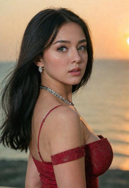 portrait, stunning, amazing,ultra high res, masterpiece, ultra-detailed, looking at viewer, an captivating woman, thick mascara,big tits, cleavage,sexy, a button nose, lush lips, and expressive eyebrows,with captivating gray eyes that shimmer with hints of silver, framed by thick, dark lashes, eyes should have a mesmerizing depth, with intricate patterns visible in the irises,lips should be soft and inviting, with a subtle curve that accentuates natural beauty,jawline should be elegantly contoured, with a delicate chin that adds to ethereal charm,sweaty skin should be exceptionally detailed, with a soft, luminous glow that highlights features,red bra,high-waisted long black skirt, long black beautiful hair, diamond statement necklace,bold cuff bracelet, standing, solo, sunset, ocean breeze, beachside cafe,ocean background,spotlight,6mm,color graded portra 400 film,remarkable color,ultra realistic,captured on a (Fujifilm X-Pro3) / (f_stop 16.0), (focal_length 24.0),futuristic gown with sculptural elements, RAW photo, best quality,  camera low, camera close, best quality