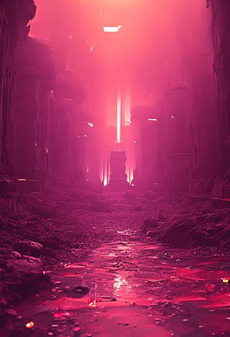 An otherworldly complex structure with pillars made of light and shadows, the ground pulsating with desaturated colors, ever-changing hues, embodying a dream within a dream, 
in the style of the movie ambiance of Ridley Scott's 'Alien' with 80s sci-fi nostalgia. Blend dreamlike, claustrophobic spaces, grimdark Warhammer 40K magic, and campy yet sinister tones. Envision a surreal, dystopian world where arcane forces meet retro-futuristic sci-fi, creating a uniquely haunting tableau
, in the style of an old 80's VHS dark fantasy, VHS screen grab, grainy, old footage
