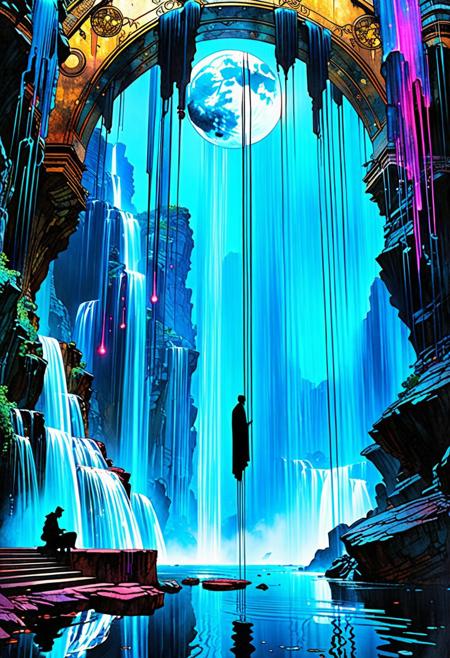 ((Photorealistic)). (Artistic perspective) 3 cloaked figures stand on a floating portal, irregular stone rings suspended above a futuristic city. (((the hovering rings in the sky are gushing waterfalls))), brush strokes and streaks of ink are visible, intense vibrant colors, stark contrasts,  liquid, unreal parts, alluring, fluid, perfection, two moons in the night sky, one is translucent. Intricate background (Alphonse Mucha), Illustration (Bill Sienkiewicz:1.5), maximum detail, 4K, hyperrealistic. charcoals, watercolor and ink technique. Include deep rich dark blues, luminous neon highlights, ((Masterpiece)), (cinematic composition), resplendent lighting