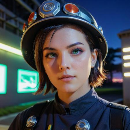 (stylized by theCHAMBA:1.2) and (KÅji Morimoto:1.3) , anime key visual, majestic, selfie shot angle of a Technopunk Moody short Roman (Female Firefighter:1.3) , the Firefighter has pleasant hair, Chic field in background, warm indoors with Catalpa, at Blue hour, Sharp and in focus, Magic Realism, Lonely, Seapunk Art, Neon Light, 50mm, Instax, halation, raytraced reflections, detailed face, Green detailed eyes, extremely hyper aesthetic, most beautiful artwork in the world