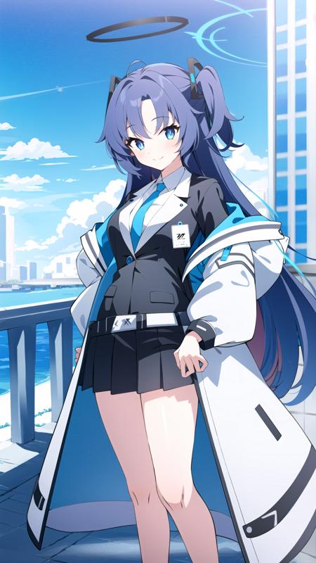 blue sky, 1girl, solo, <lora:BArtstyleREv3-ANY-Lion:0.9>, cropped legs, hand on hips, <lora:yuukaDefault:1:LBW=CHARA> , yuuka, formal, white jacket, off-shoulder jacket, multicolored jacket, black uniform, black jacket, black skirt, [thick thighs], looking at viewer, smile, red pupils, outdoors, modern city, skyscraper,