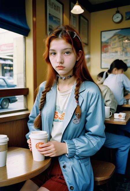 1girl 18yo, wearing fashionable clothing at a coffeeshop,
realistic photograph by Steve McCurry , Hasselblad 500C/M, Kodak Portra 400,
