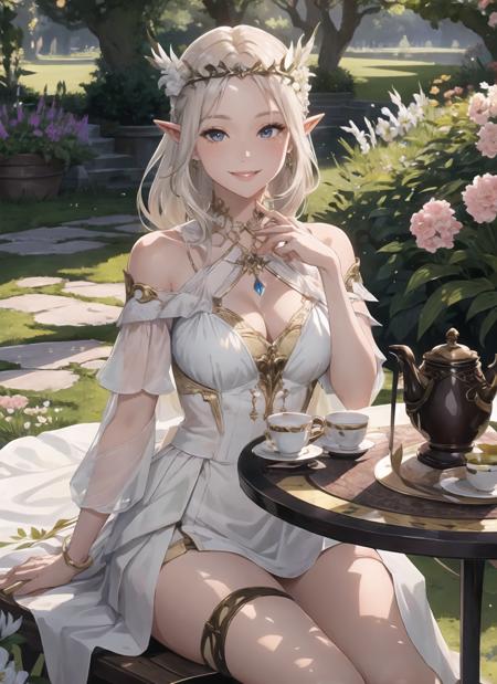 <lora:adventurer2.0-6:0.9>,fantasy ,priestess, garden, tea party  ,thigh-up, 1girl, solo ,flower, table, sitting, priestess, white dress, close-up, mature female, smile, circlet,