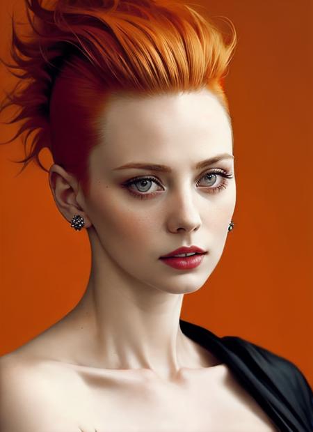 portrait of sks woman by Flora Borsi, style by Flora Borsi, bold, bright colours, orange Mohawk haircut, ((Flora Borsi)), <lora:locon_deborahannwoll_v1_from_v1_64_32:1>