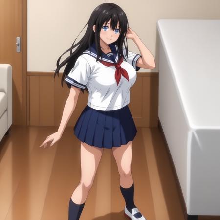 KaoriKitamura,1girl,black hair,long hair,blue eyes, large breasts, serafuku,white shirt,red_neckerchief,short_sleeves, pleated_skirt,blue skirt, black socks, sportswear,white dress,cleavage,sleeveless, mini skirt,