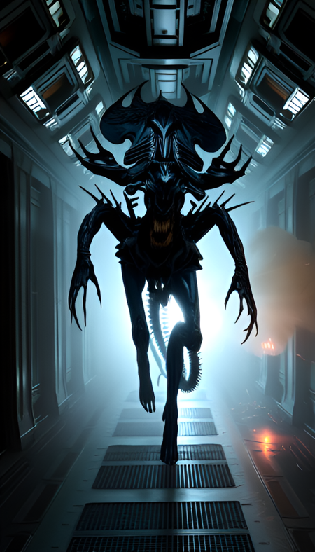 a biomechanical Xenomorph alien queen, is walking in the hallway of a spaceship, there is a lot of smoke and her body is hiding in it. there are fire and electric sparks.