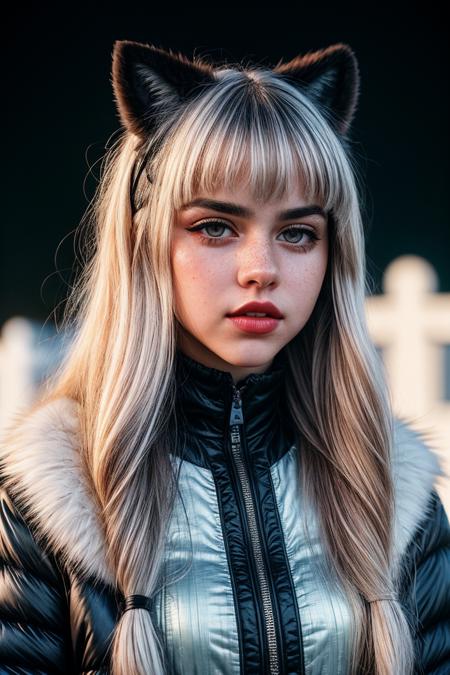 photo of (EPS4r4hBust4n1:0.99), closeup portrait, perfect hair, (modern photo, Cropped puffer jacket), dyed hair, platinum blonde hair, fake animal ears, 24mm, (analog, cinematic, film grain:1.3), (([timeless hearth of the phoenix, slate tiles roof,ceramic tiles,basalt stone, reflective moonlight on snow, footlighting| cemetery], gradient:1.1)), ((detailed eyes)), ((eyeliner, long lashes)), (epicPhoto), long eyelashes, (perfect waist), (painted lips)