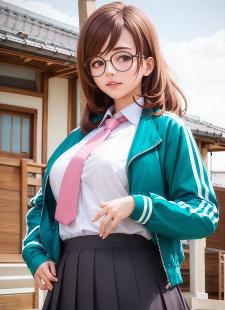 masterpiece, (photorealistic:1.5), best quality, beautiful lighting, real life,  <lora:yuzuriha_maimai-10:1>, yuzuriha_maimai, thick eyebrows, brown hair, green eyes, medium hair, glasses, round eyewear, track jacket, green jacket, open jacket, white shirt, collared shirt, shirt tucked in, pink necktie, pleated skirt, black skirt, outdoors, japanese, teen, upper body