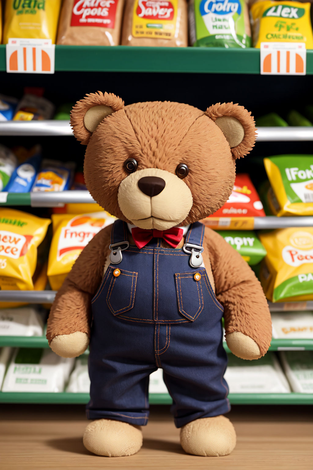 A teddy bear wearing dungarees at the supermarket, dslr, ultra quality, sharp focus, tack sharp, dof, film grain