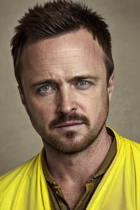 Pinkman, man with blue eyes, short brown hair, facial hair, neutral, yellow vest <lora:FRNK_Pinkman:0.7>