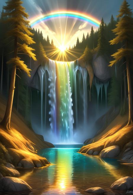 aesthetic, masterpiece, beautiful, elegant, award winning, absurdres, hdr, best quality, hyper detailed, (waterfall:1.5) iridescent, forest, (gold colour lake:1.3), lake, shiny, sparkle, symmetrical, glowing, rainbow