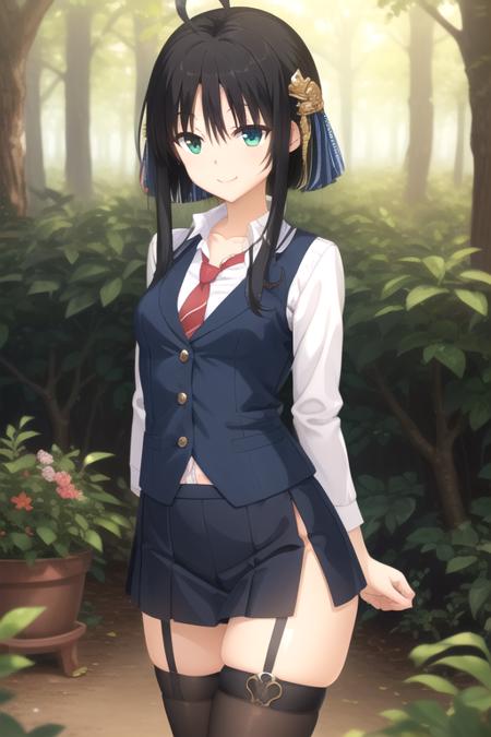 Hitachi Mako ahoge,long hair,black hair,short hair with long locks,hair intakes,hair ornament,bangs,green eyes collarbone,blue vest,button,white shirt,collared shirt,red necktie,long sleeves,medium breasts,arms behind back,blue skirt,thigh strap,white thighhighs,loafers