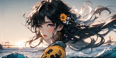 (masterpiece:1.2), best quality,PIXIV,Chinese ink painting,ink wash painting,
1girl, solo, long hair, black hair, looking at viewer, flower, yellow dress, upper body, yellow flower, earrings, floating hair, blush, jewelry, brown eyes, parted lips, water, dress, floral print, from side, bubble, long sleeves, breasts, very long hair
 <lora:Chinese ink painting_20230725220724-000018:1>