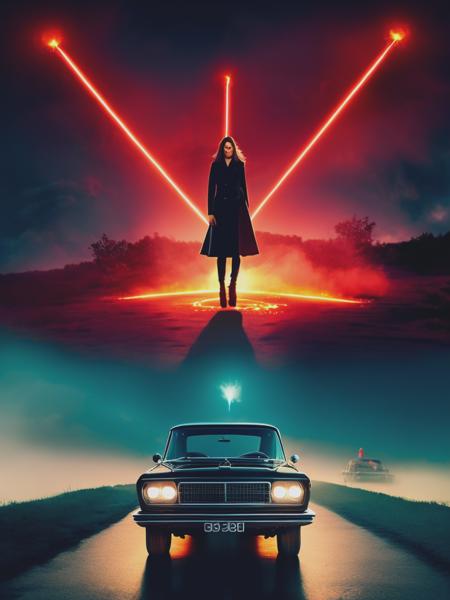 <lyco:RogerDeakins:1.0> A photo of a alternative album cover of a Gothic woman standing on a car with res flares in the style of Roger Deakins