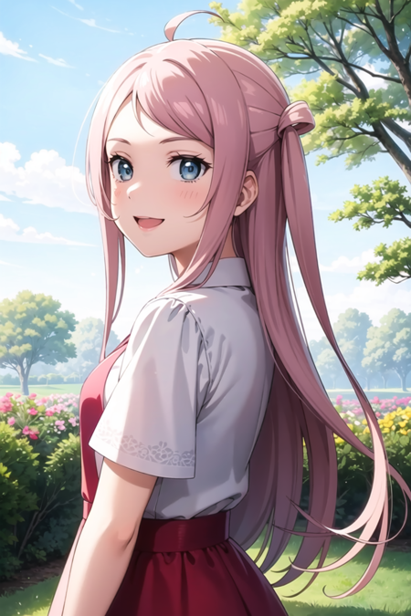 (masterpiece, best quality, ultra-detailed), (illustration), (beautiful detailed eyes), (1girl), (solo), zhong lanzhu, long hair, bangs, blue eyes, pink hair, ahoge, sidelocks, two side up, <lora:LanzhuLL_v2:0.7>,
pink dress, outdoors, looking away, smile, greenary, tree, flower, from side,